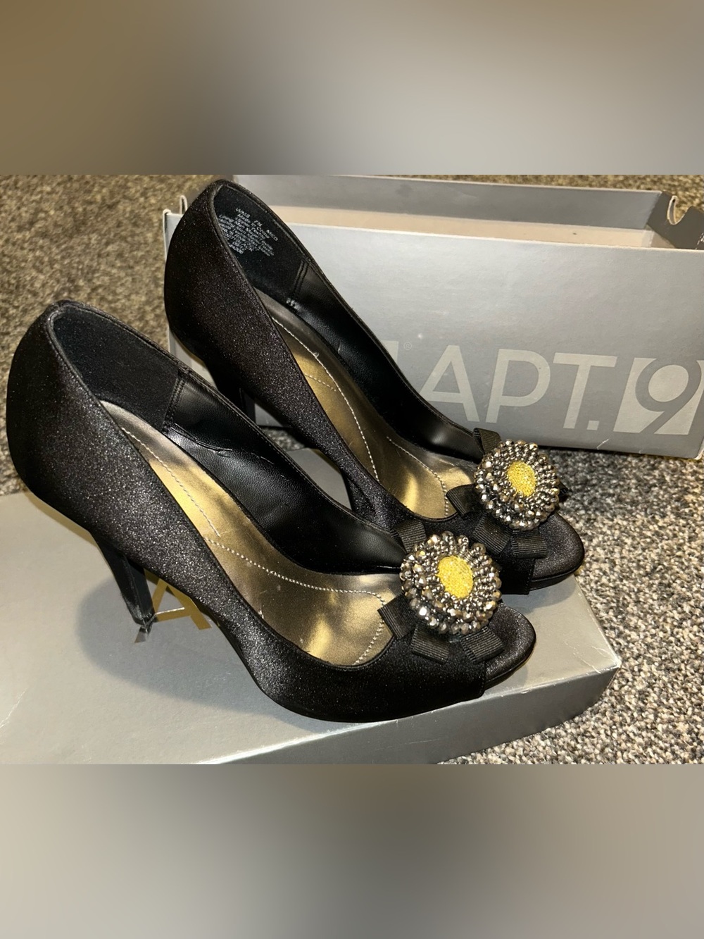 Apt. 9 Black Satin Peep-Toe Heels with Jewel Accent